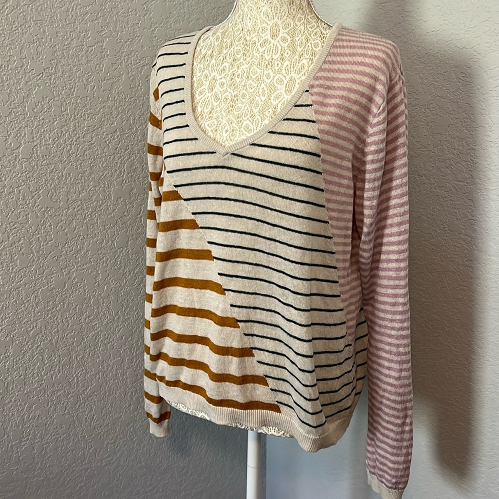 Linen Color Block Stripe V-neck Sweater size M